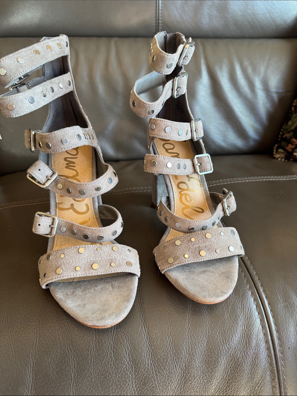 Sam Edelman Taupe Suede Studded Strappy Heels